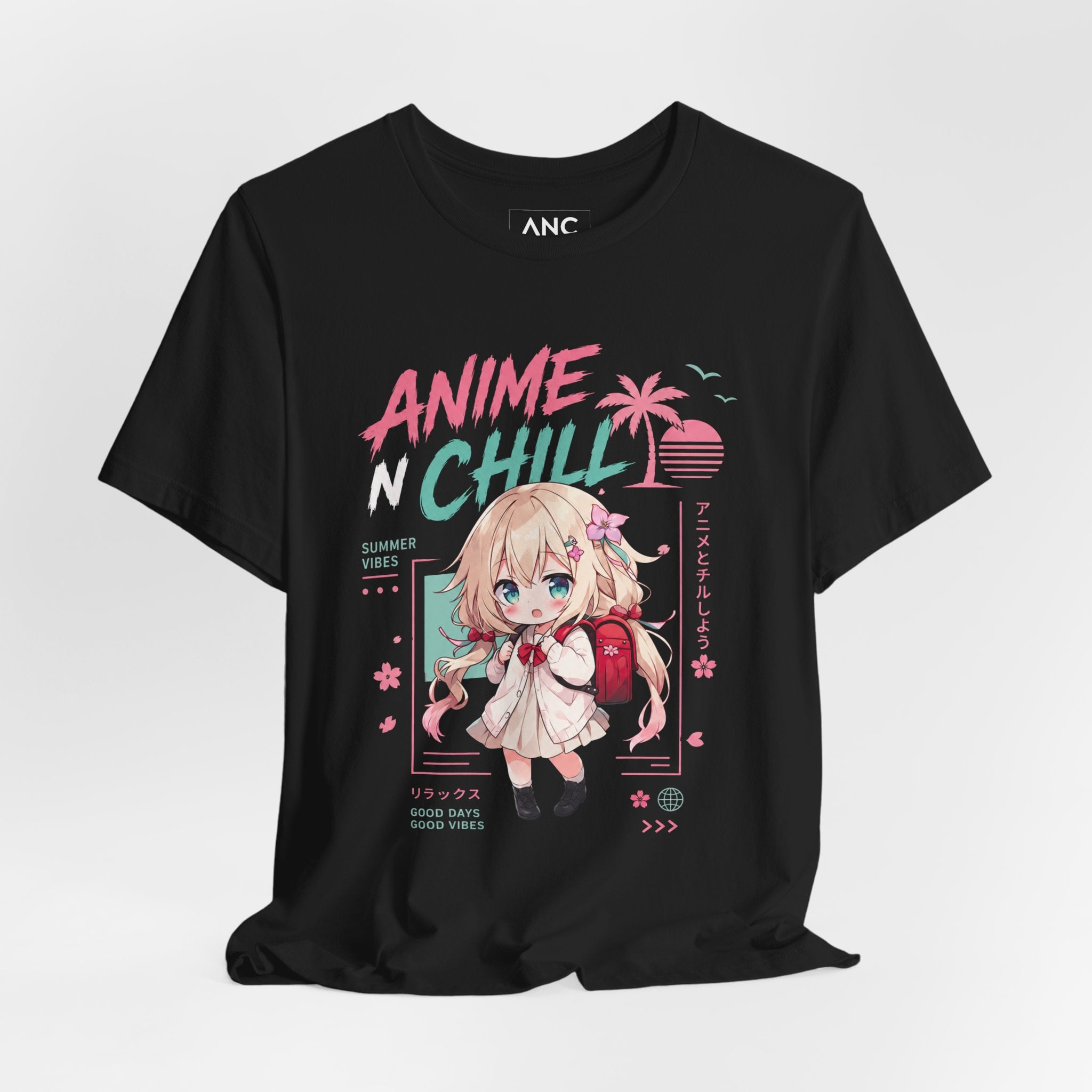 Anime N Chill chibi girl T-Shirt | pastel kawaii beach aesthetic | Kawaii Vacation Shirt | Cute Summer Anime Tee