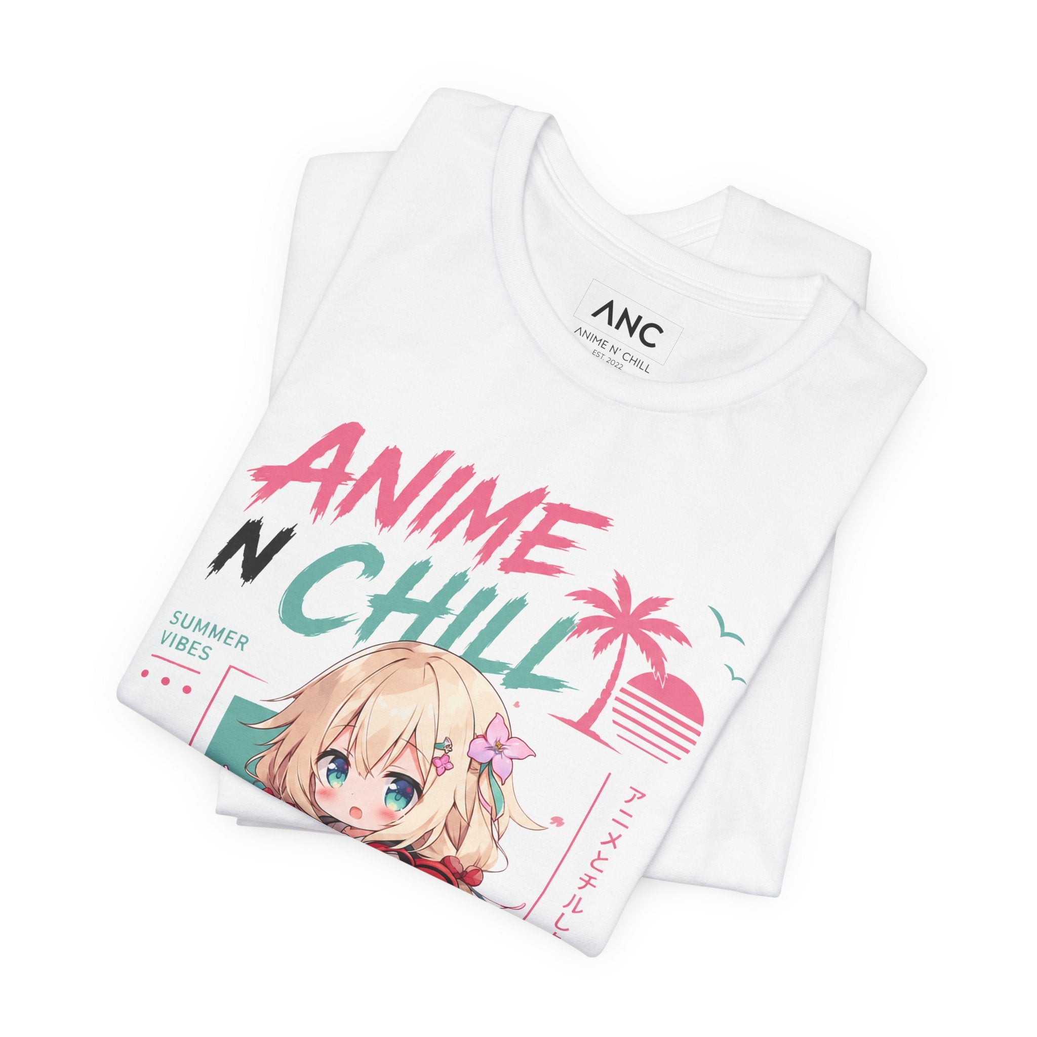 Anime N Chill chibi girl T-Shirt | pastel kawaii beach aesthetic | Kawaii Vacation Shirt | Cute Summer Anime Tee
