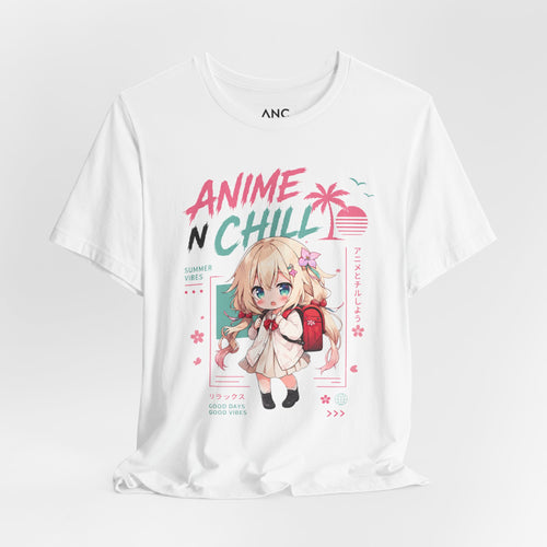 Anime N Chill chibi girl T-Shirt | pastel kawaii beach aesthetic | Kawaii Vacation Shirt | Cute Summer Anime Tee