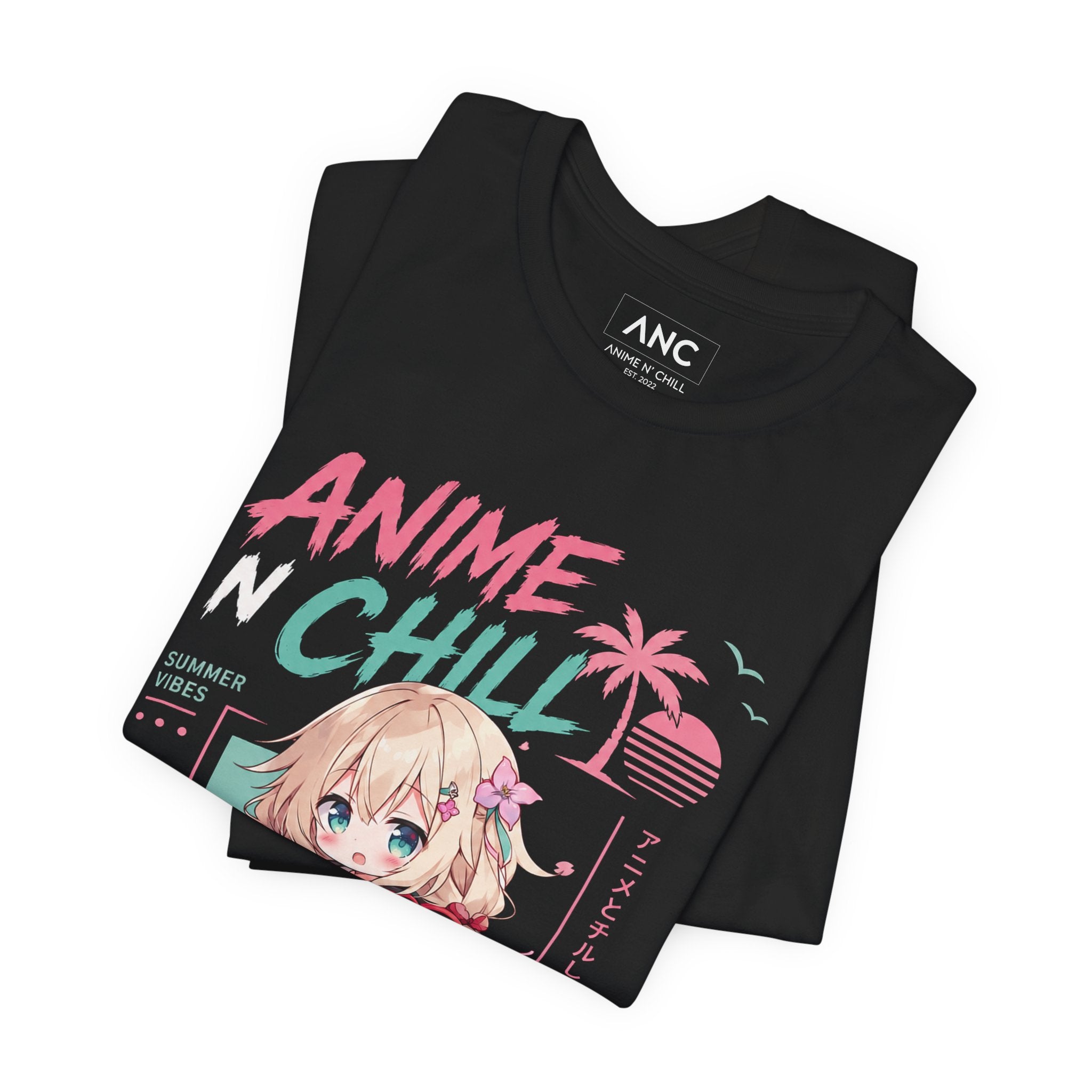 Anime N Chill chibi girl T-Shirt | pastel kawaii beach aesthetic | Kawaii Vacation Shirt | Cute Summer Anime Tee